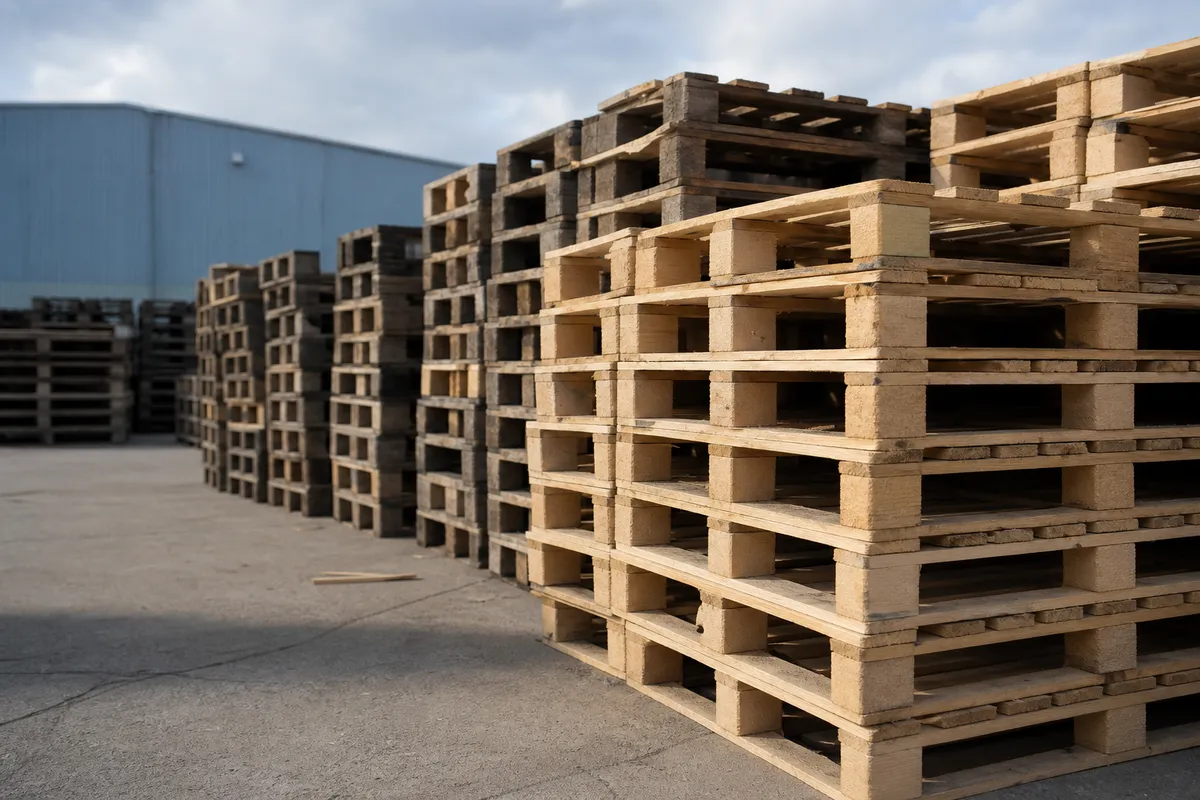 Stapels gebruikte europallets op het buitenterrein: licht A-keus hout vooraan, donkerder B-keus erachter