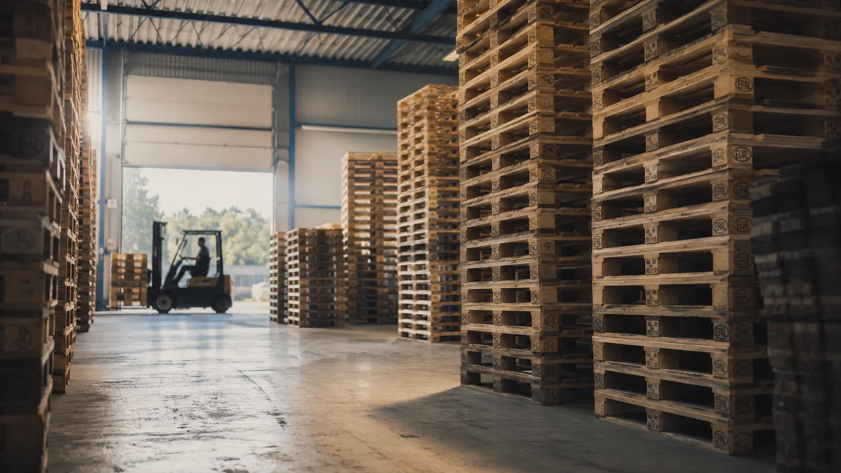 Magazijn vol gestapelde houten pallets, met een heftruck bij de open loodsdeur