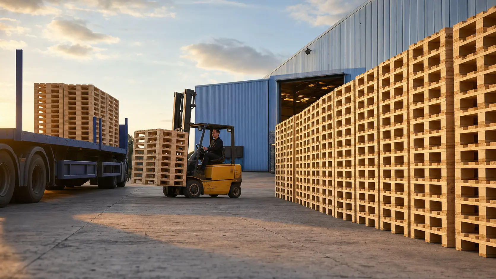 Rijen nieuwe blanke europallets naast de loods in warm avondlicht, met een heftruck onderweg naar een oplegger