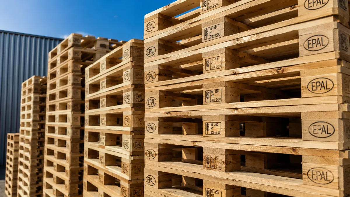 Hoge stapels nieuwe blanke europallets op het buitenterrein