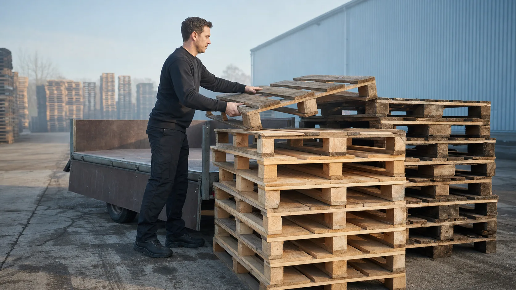 Medewerker zet een gebruikte europallet op een stapel naast een open aanhanger op het buitenterrein