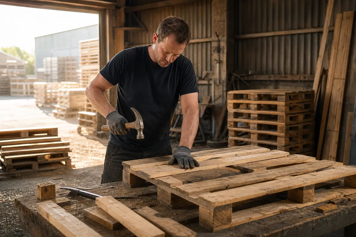 Medewerker vervangt een beschadigde plank van een pallet in de eigen werkplaats